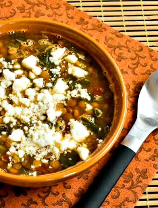 Slow Cooker Vegetarian Greek Lentil Soup with Tomatoes, Spinach, and Feta from Kalyn's Kitchen