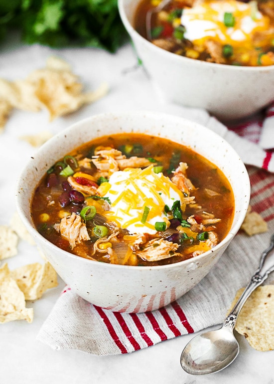 Three Terrific Recipes for Enchilada Soup featured on Slow Cooker or Pressure Cooker at SlowCookerFromScratch.com