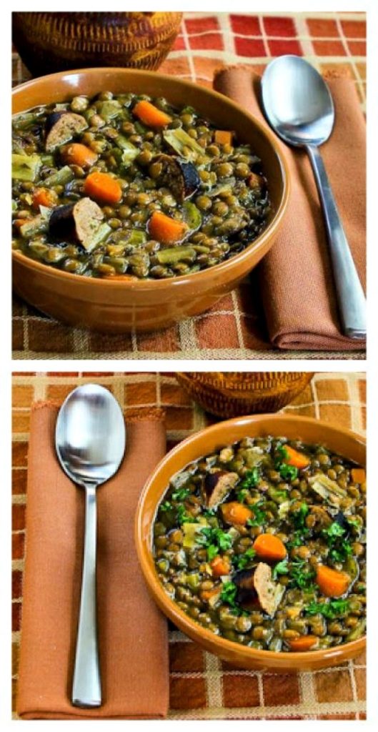 Slow Cooker Lentil Soup with Turkey Bratwurst, Leeks, and Sherry