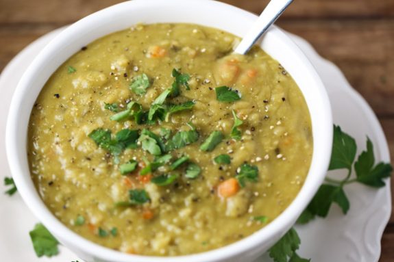 Four Appetizing Recipes For Vegetarian Split Pea Soup featured on Slow Cooker or Pressure Cooker at SlowCookerFromScratch.com