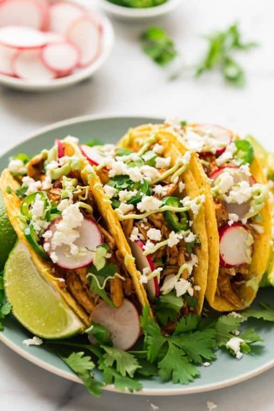 Three Easy Recipes for Shredded Chicken Tacos found on Slow Cooker or Pressure Cooker at SlowCookerFromScratch.com