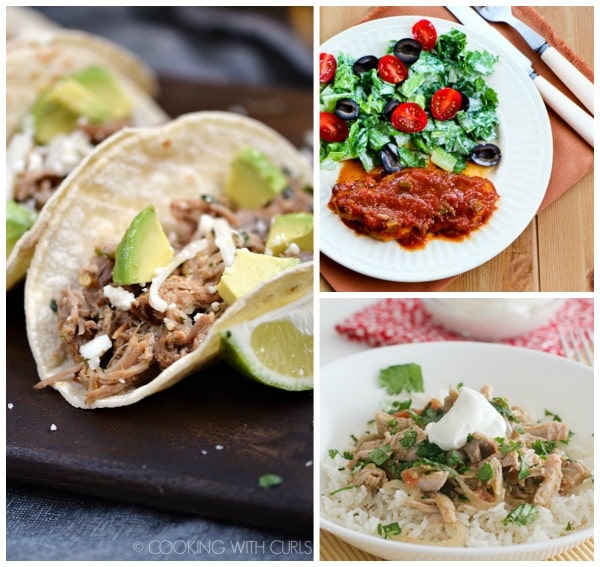 Three tasty recipes for Salsa Pork featured on Slow Cooker or Pressure Cooker at SlowCookerFromScratch.com