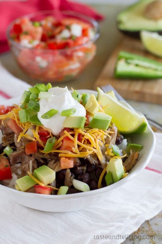 Three Simple Recipes for Pork Burrito Bowls found on Slow Cooker or Pressure Cooker at SlowCookerFromScratch.com