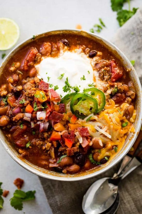 Three Easy Recipes for Turkey Chili featured on Slow Cooker or Pressure Cooker at SlowCookerFromScratch.com