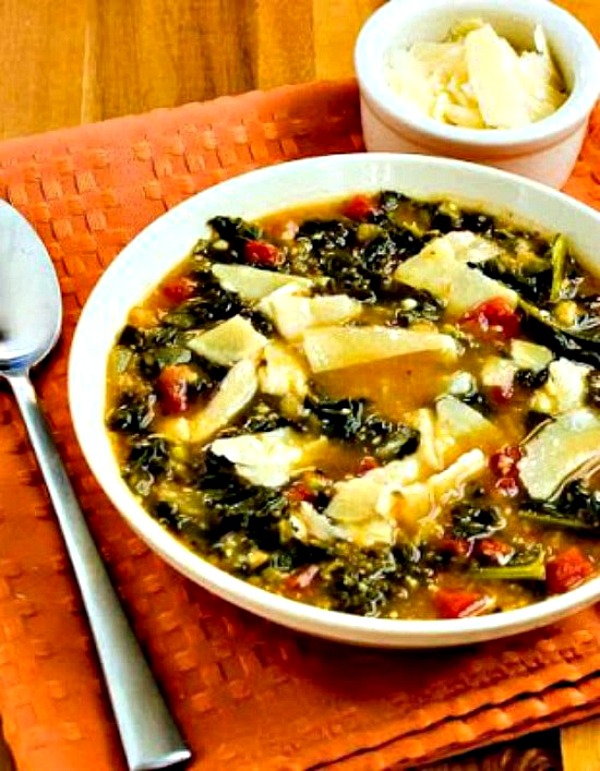 Slow Cooker Vegetarian Cannellini Bean and Kale Soup with Shaved Parmesan from Kalyn's Kitchen