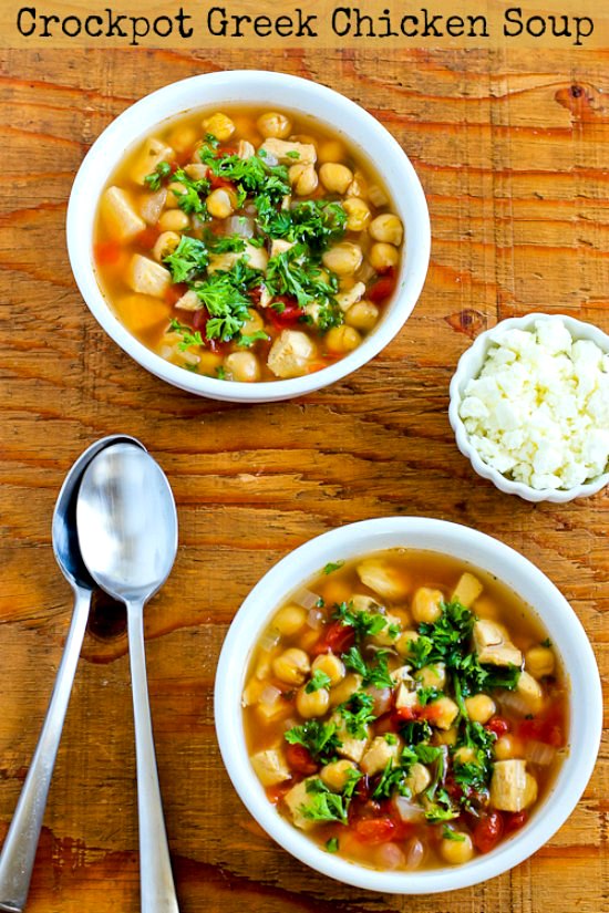 Slow Cooker Greek Chicken (or Turkey) Soup with Garbanzos and Oregano