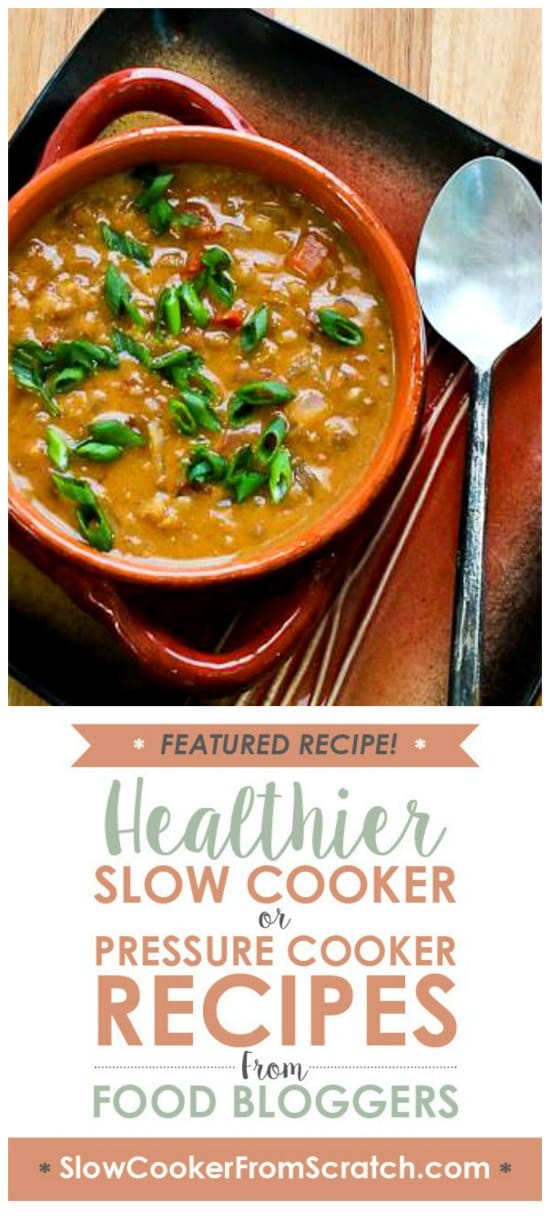 African Inspired Vegan Slow Cooker Soup with Peanut Butter, Chiles, Brown Rice, and Lentils from