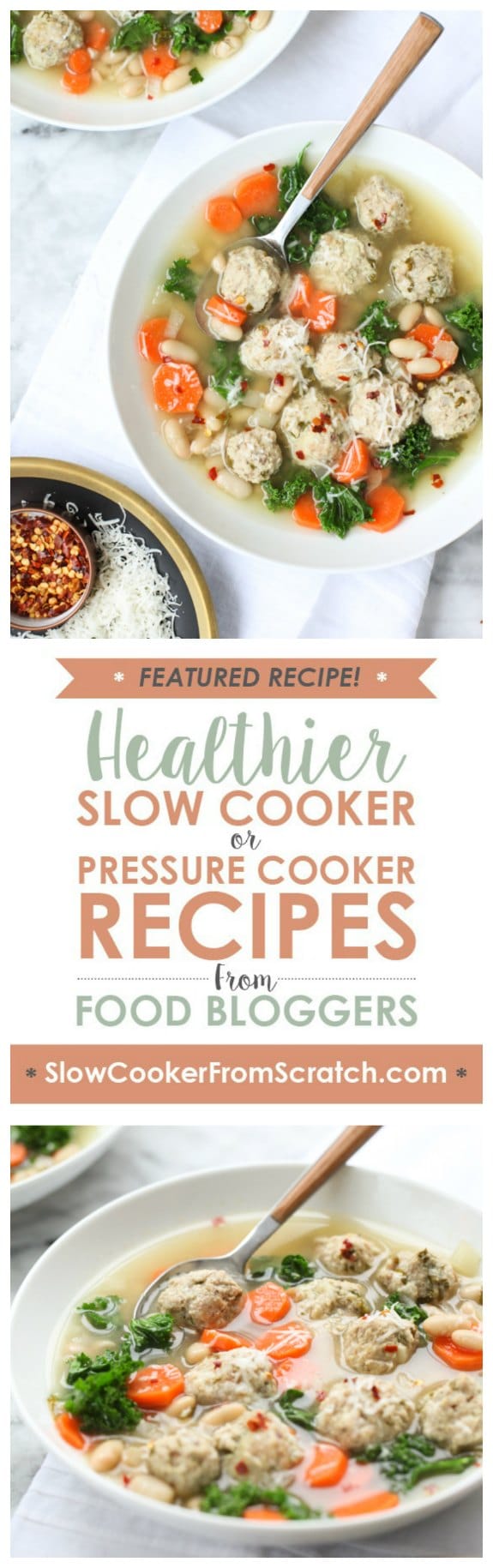 Skinny Slow Cooker Kale and Turkey Meatball Soup from FoodieCrush