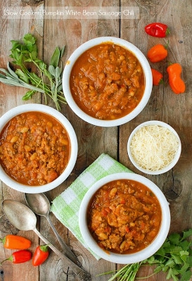 Pumpkin White Bean Sausage Chili featured on SlowCookerFromScratch.com