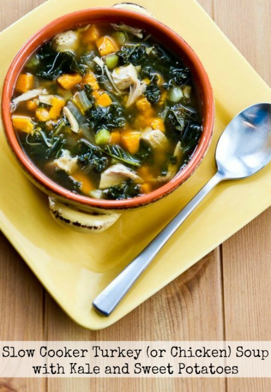 Slow Cooker Turkey (or Chicken) Soup with Kale and Sweet Potatoes from Kalyn's Kitchen featured on Slow cooker or Pressure Cooker at SlowCookerFromScratch.com