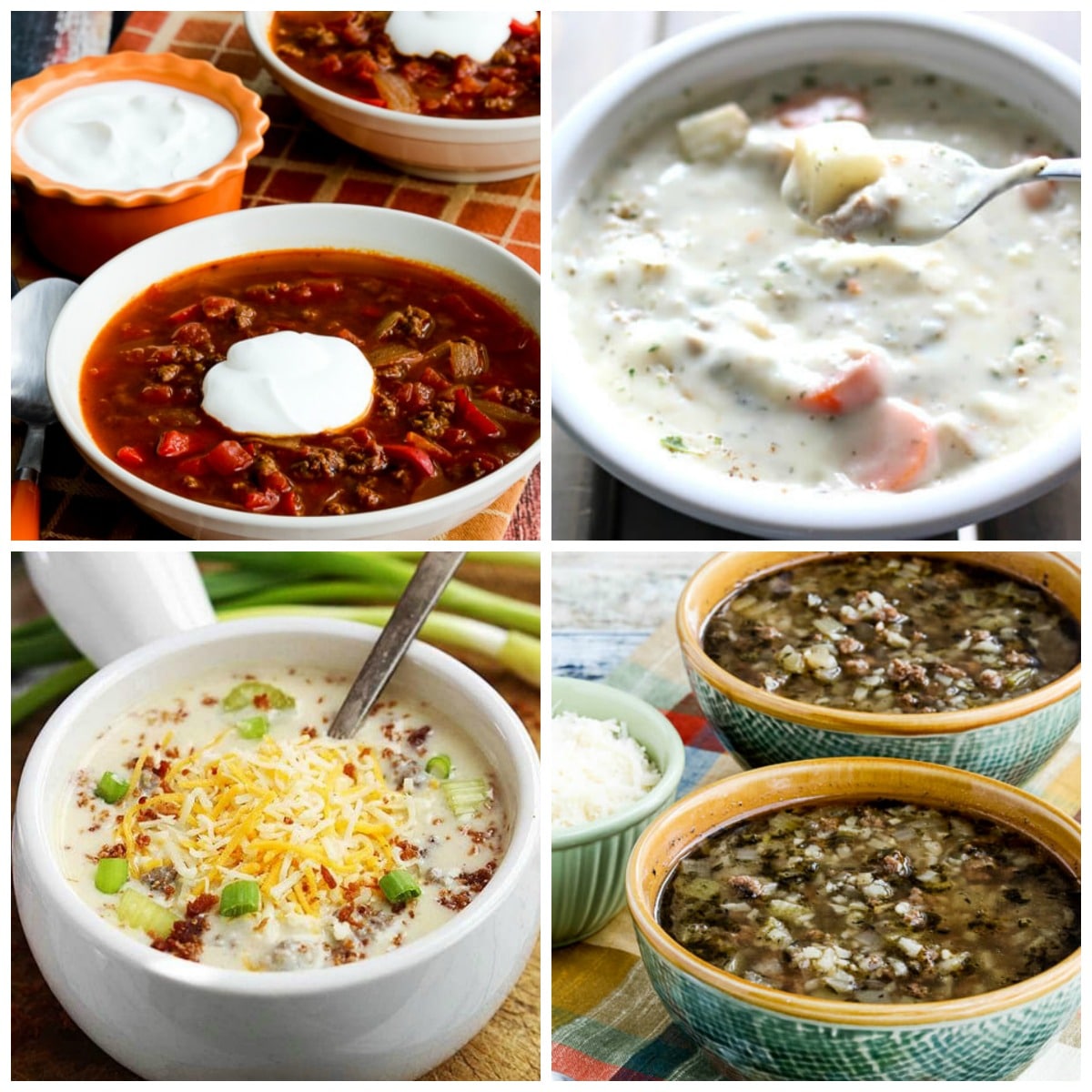 Four Savory Soups with Ground Beef collage photo