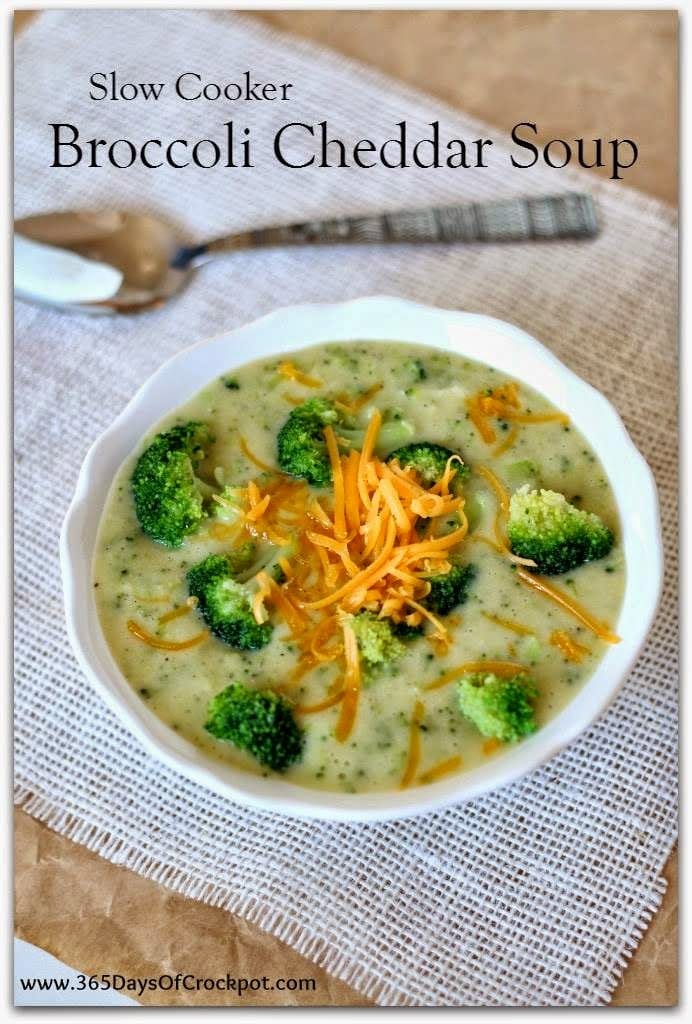 Slow Cooker Light and GlutenFree Broccoli Cheddar Soup from 365 Days