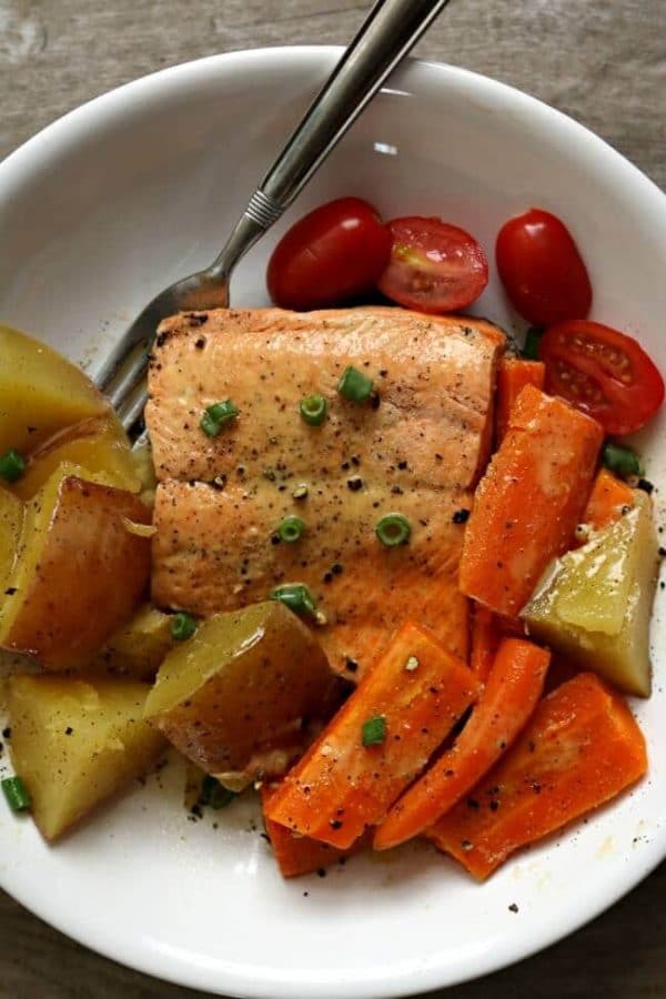 Instant Pot Lemon Butter Garlic Salmon with Homestyle Vegetables from 365 Days of Slow + Pressure Cooking