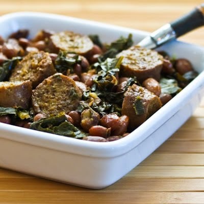 Slow Cooker Sausage, Beans, and Greens from Kalyn's Kitchen featured on SlowCookerFromScratch.com