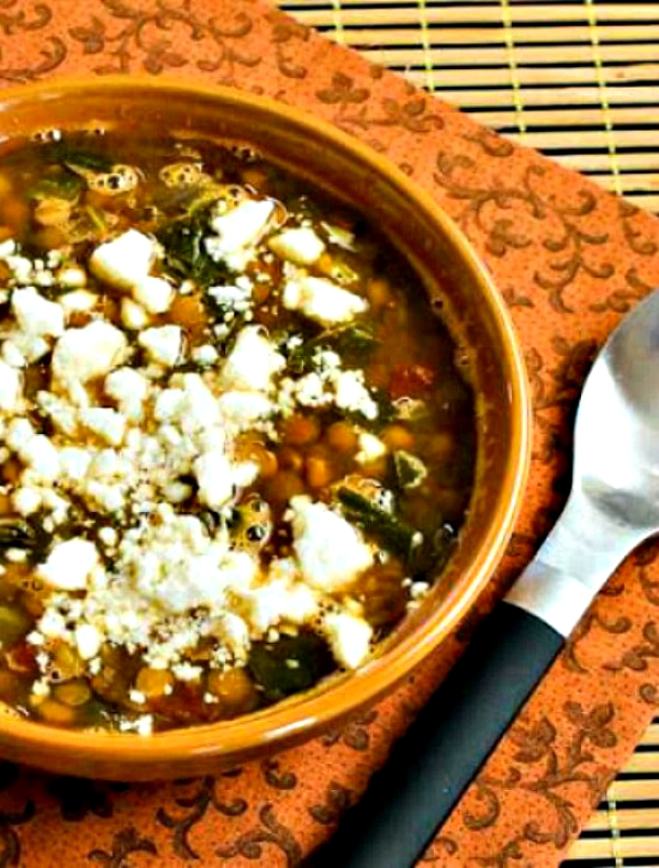 Slow Cooker Vegetarian Greek Lentil Soup with Tomatoes and Spinach from Kalyn's Kitchen