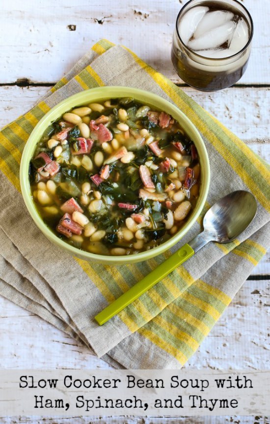 Slow Cooker Bean Soup with Ham, Spinach, and Thyme from Kalyn's Kitchen found on SlowCookerFromScratch.com