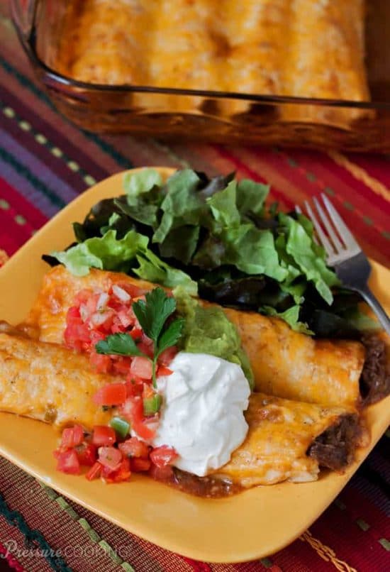 Three Family Friendly Recipes for Beef Enchiladas (Slow Cooker or Pressure Cooker) featured on Slow Cooker or Pressure Cooker at SlowCookerFromScratch.com