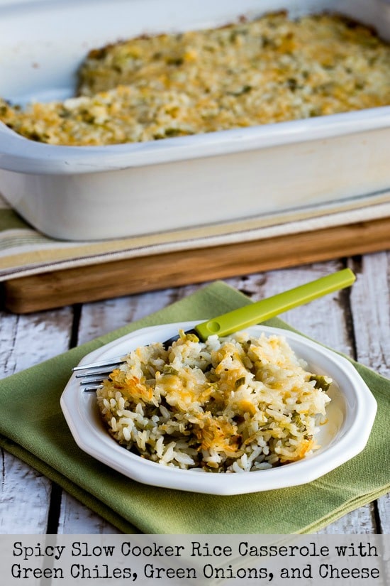 Spicy Slow Cooker Rice Casserole with Green Chiles, Green Onions, and Cheese from Kalyn's Kitchen [featured on Slow Cooker or Pressure Cooker at SlowCookerFromScratch.com]