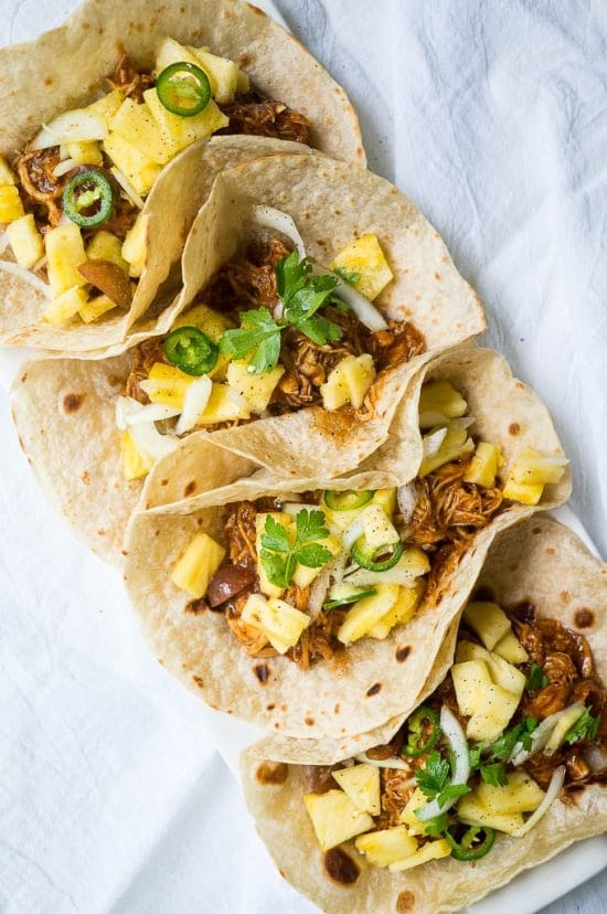 Pressure Cooker BBQ Chicken Tacos with Pineapple Slaw from Kitschen Cat