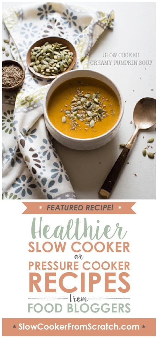 Slow Cooker Creamy Pumpkin Soup from Cafe Johnsonia featured on Slow Cooker or Pressure Cooker at SlowCookerFromScratch.com