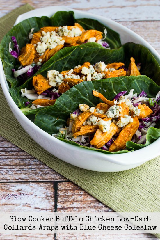 slow cooker buffalo chicken low-carb collards wrap with blue