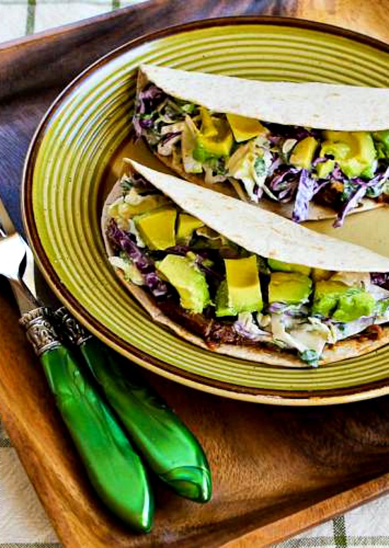 Low-Carb Slow Cooker (or Pressure Cooker) Shredded Beef Tacos with Spicy Slaw and Avocado from Kalyn's Kitchen found on SlowCookerFromScratch.com