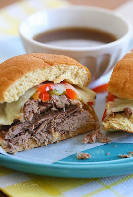 The BEST Slow Cooker or Instant Pot French Dip Sandwiches featured on SlowCookerFromScratch.com