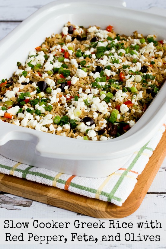 Slow Cooker Greek Rice with Red Bell Pepper, Feta, and Kalamata Olives from Kalyn's Kitchen, featured on Slow Cooker or Pressure Cooker at SlowCookerFromScratch.com