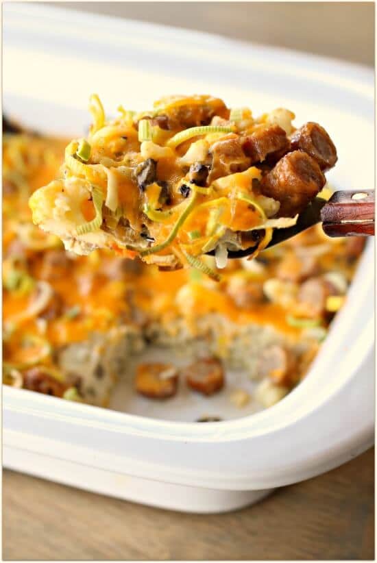 Slow Cooker Breakfast Casserole with Eggs, Sausage, Cheese, Leeks, Mushrooms And Cauliflower from 365 Days of Slow + Pressure Cooking