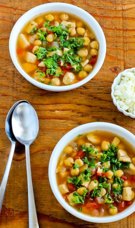 CrockPot Greek Chicken Soup with Garbanzos and Oregano from Kalyn's Kitchen