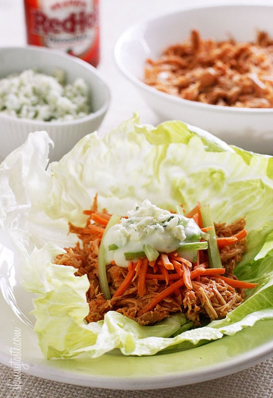 Buffalo Chicken Lettuce Wraps (Instant Pot or Slow Cooker) featured on SlowCooker or Pressure Cooker at SlowCookerFromScratch.com
