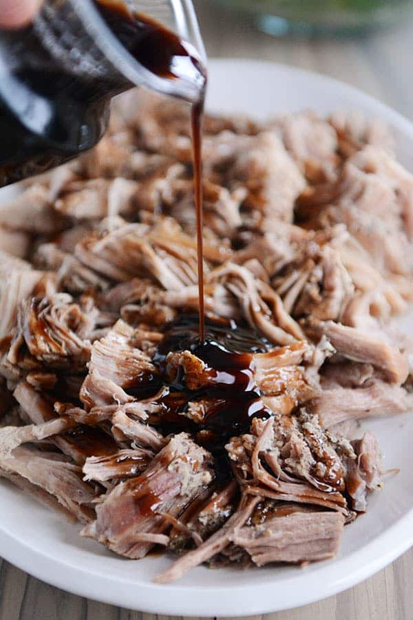 Sweet Balsamic Glazed Pork (Instant Pot or Slow Cooker) from Mel's Kitchen Cafe.