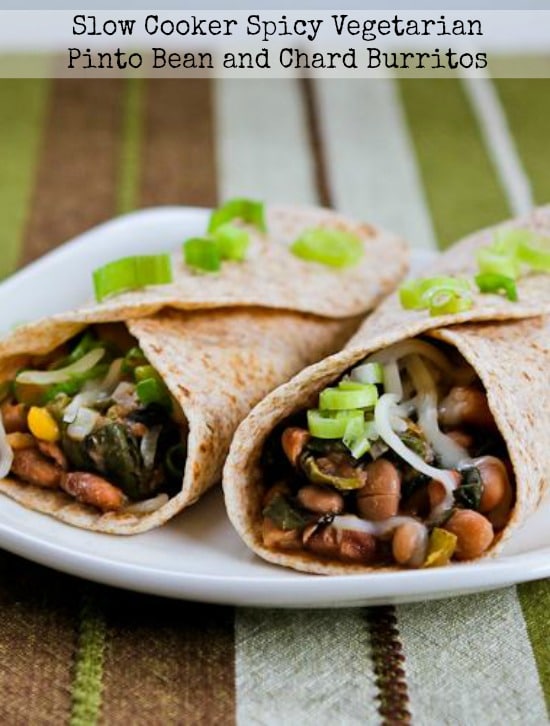Slow Cooker Spicy Vegetarian Pinto Bean and Chard Burritos from Kalyn's Kitchen