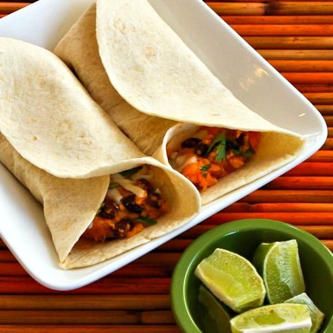 Slow Cooker Vegetarian Sweet Potato and Black Bean Burritos from Kalyn's Kitchen