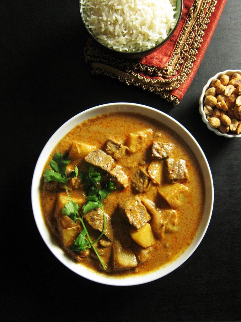 Thai Instant Pot Massaman Curry with Beef from Paint the Kitchen Red finished curry in serving bowl