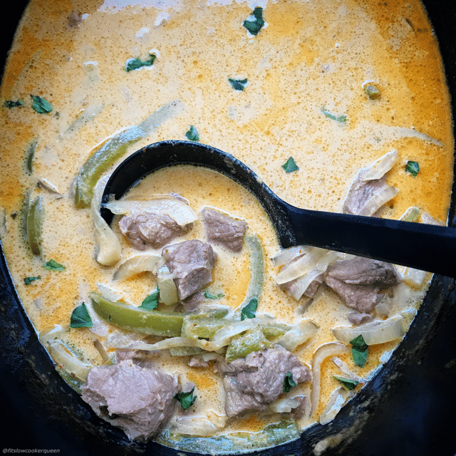 Slow Cooker Thai Beef Curry from Fit Slow Cooker Queen finished curry in slow cooker.