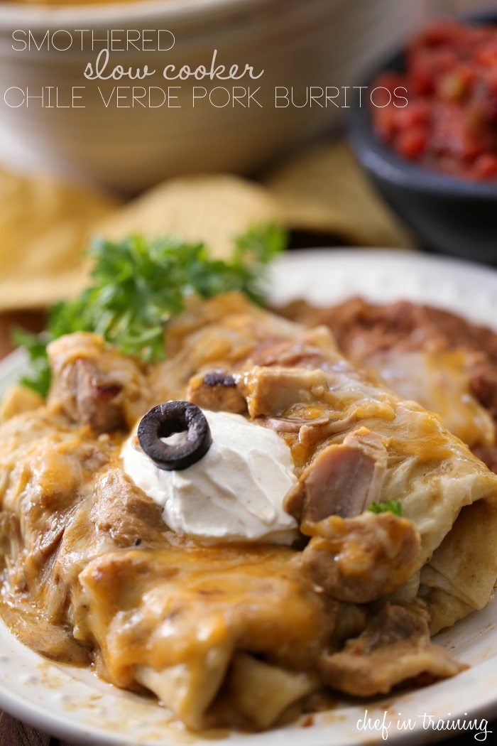 Smothered Slow Cooker Chile Verde Pork Burritos from Chef In Training