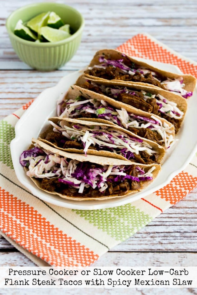 Pressure Cooker (or Slow Cooker) Low-Carb Flank Steak Tacos with Spicy Mexican Slaw from Kalyn's Kitchen