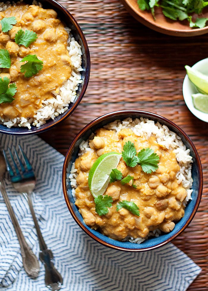 Slow Cooker Pumpkin, Chickpea, and Red Lentil Curry from Kitchen Treaty