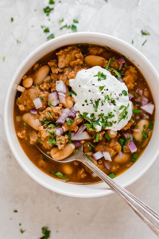 Turkey Pumpkin White Bean Chili from Skinnytaste