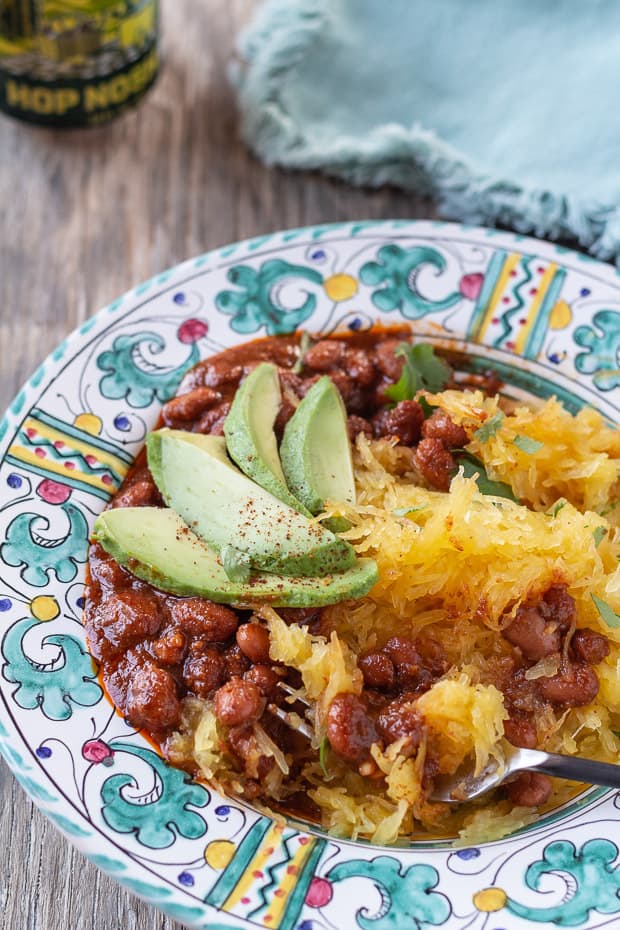 Spaghetti Squash with Chile-Spiced Pinto Beans from Letty's Kitchen