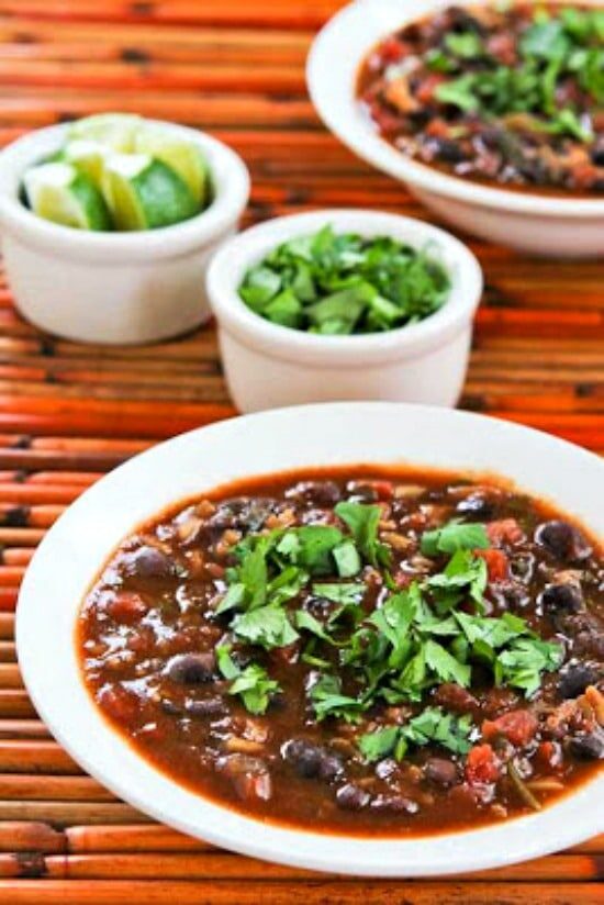 Slow Cooker Black Bean and Rice Soup from Kalyn's Kitchen finished soup in two bowls