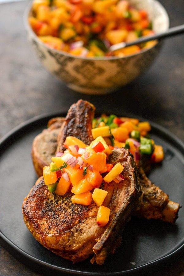 Pork Chops with Peach Salsa from Slow Cooker Gourmet shown on serving plate