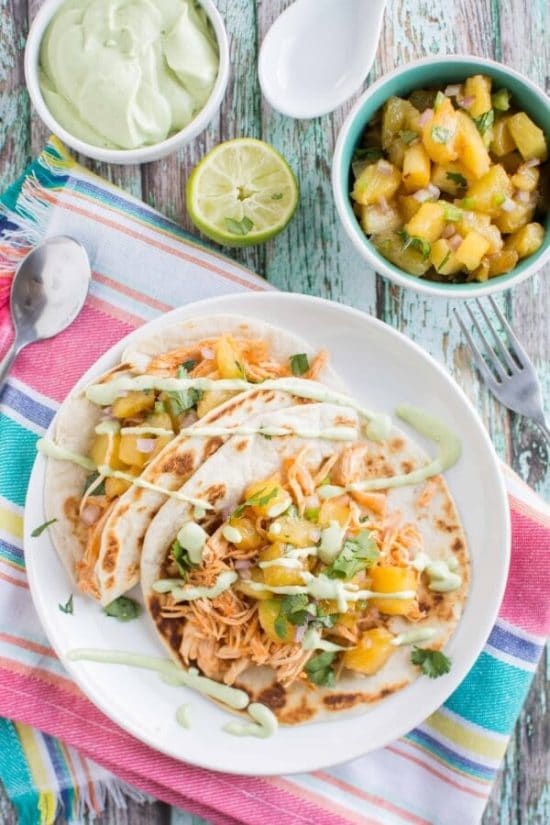 Four Fabulous Recipes for Sriracha Chicken Tacos featured on Slow Cooker or Pressure Cooker at SlowCookerFromScratch.com