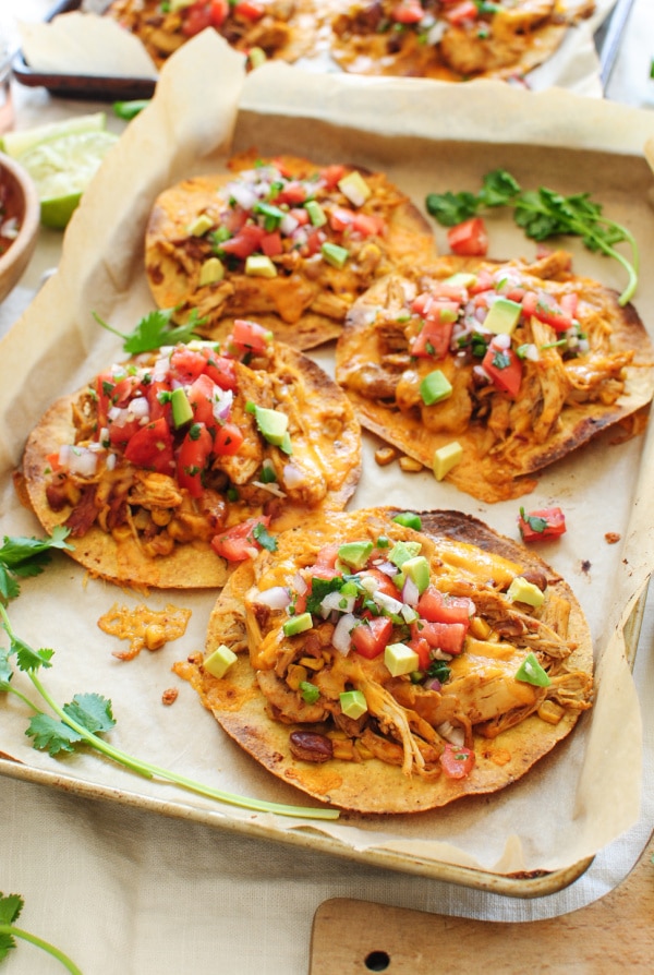 Slow Cooker Chicken and Bean Tostadas from Bev Cooks