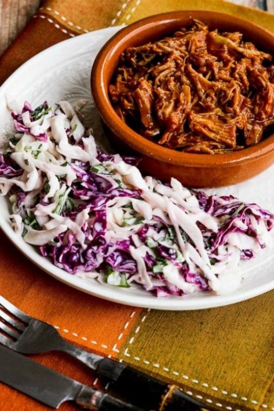 Slow Cooker (or Instant Pot) Pulled Pork with Low-Sugar Barbecue Sauce from Kalyn's Kitchen