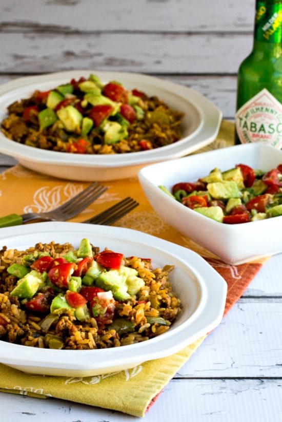 Slow Cooker Taco Bowls with Turkey and Brown Rice from Kalyn's Kitchen; two bowls with salsa