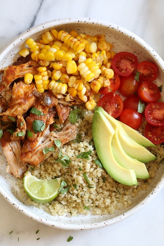 Instant Pot Chipotle Chicken Bowls with Cilantro Lime Quinoa from Skinnytaste, assembled bowl meal