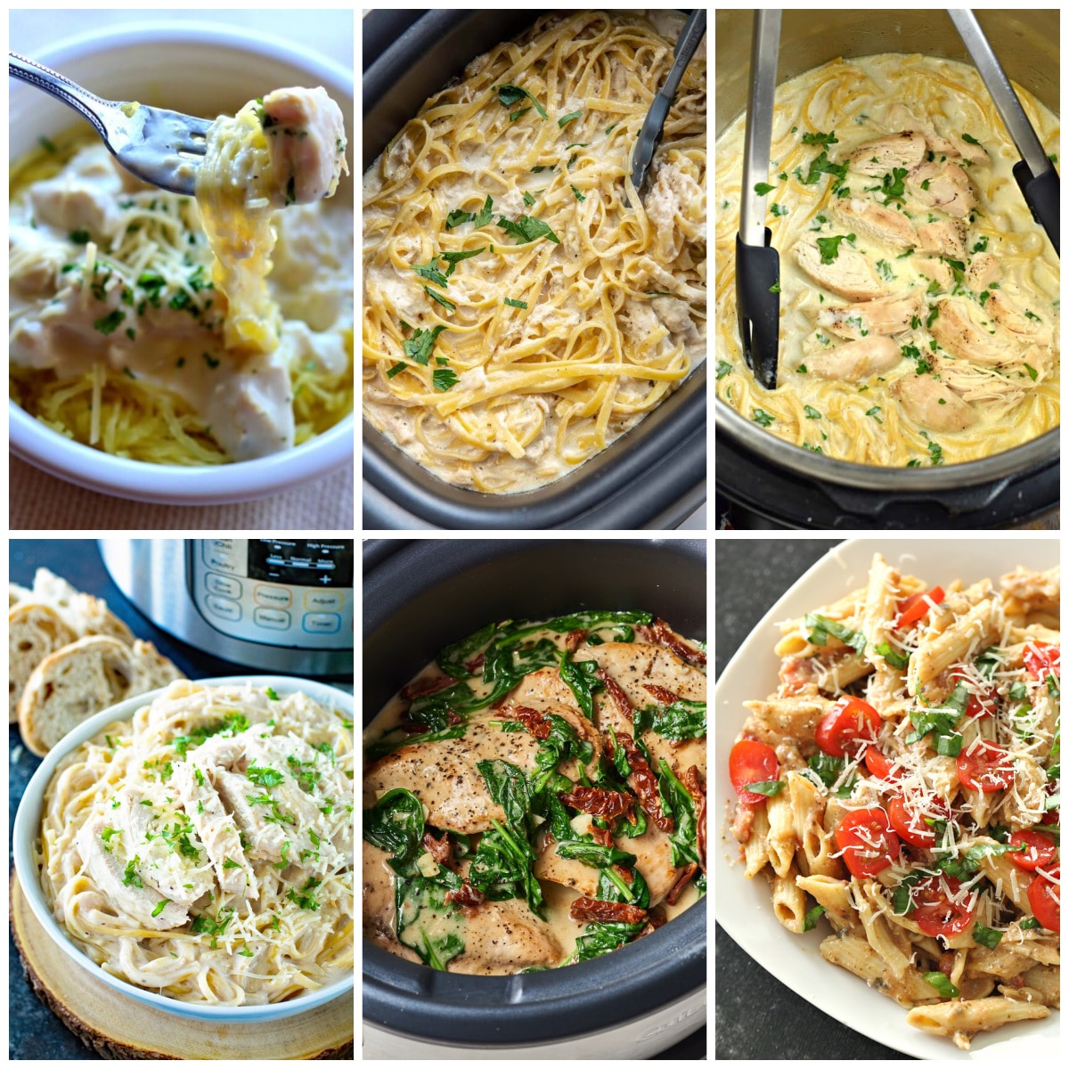 Slow Cooker or Instant Pot Chicken Alfredo collage photo of featured recipes