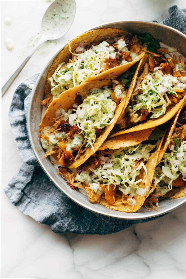 Instant Pot Hawaiian Chicken Tacos with Jalapeño Ranch Slaw from Pinch of Yum